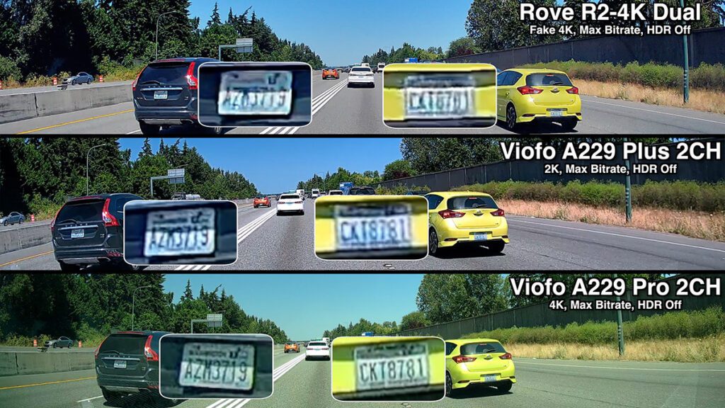 Rove R2-4K Dual, A229 Plus, A229 Pro license plate comparison 1