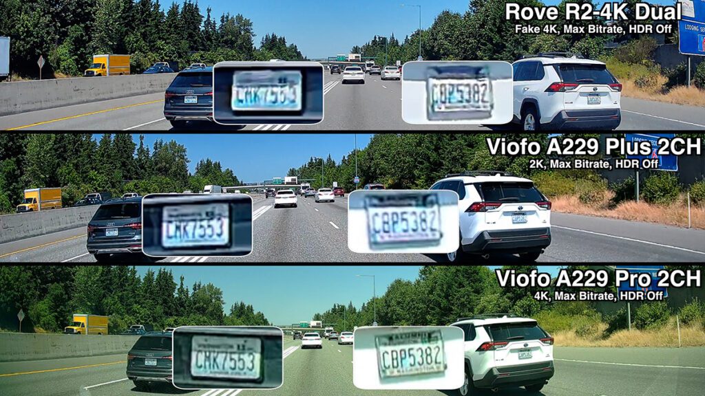 Rove R2-4K Dual, A229 Plus, A229 Pro license plate comparison 2