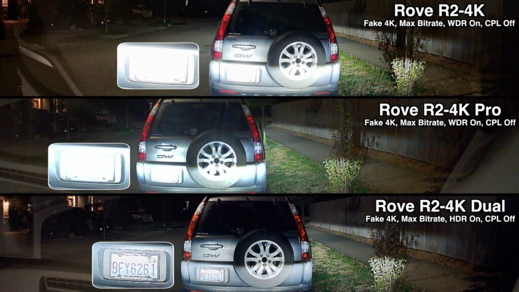 Rove R2-4K vs Pro vs Dual, Night Rear Plate HDR