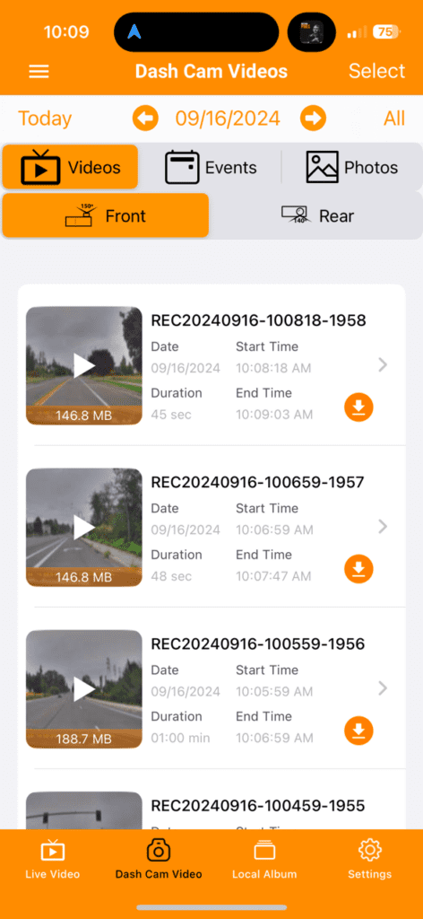 Rove app, viewing recorded footage