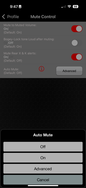 V1connection app Auto Mute settings